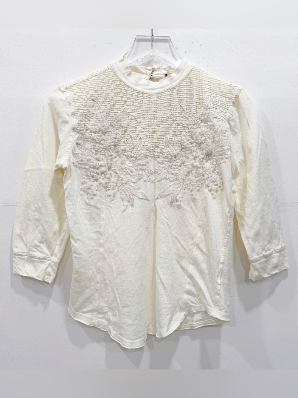 Free People Embroidered 3/4 Sleeve Thermal Top Ivory Medium Cotton Linen